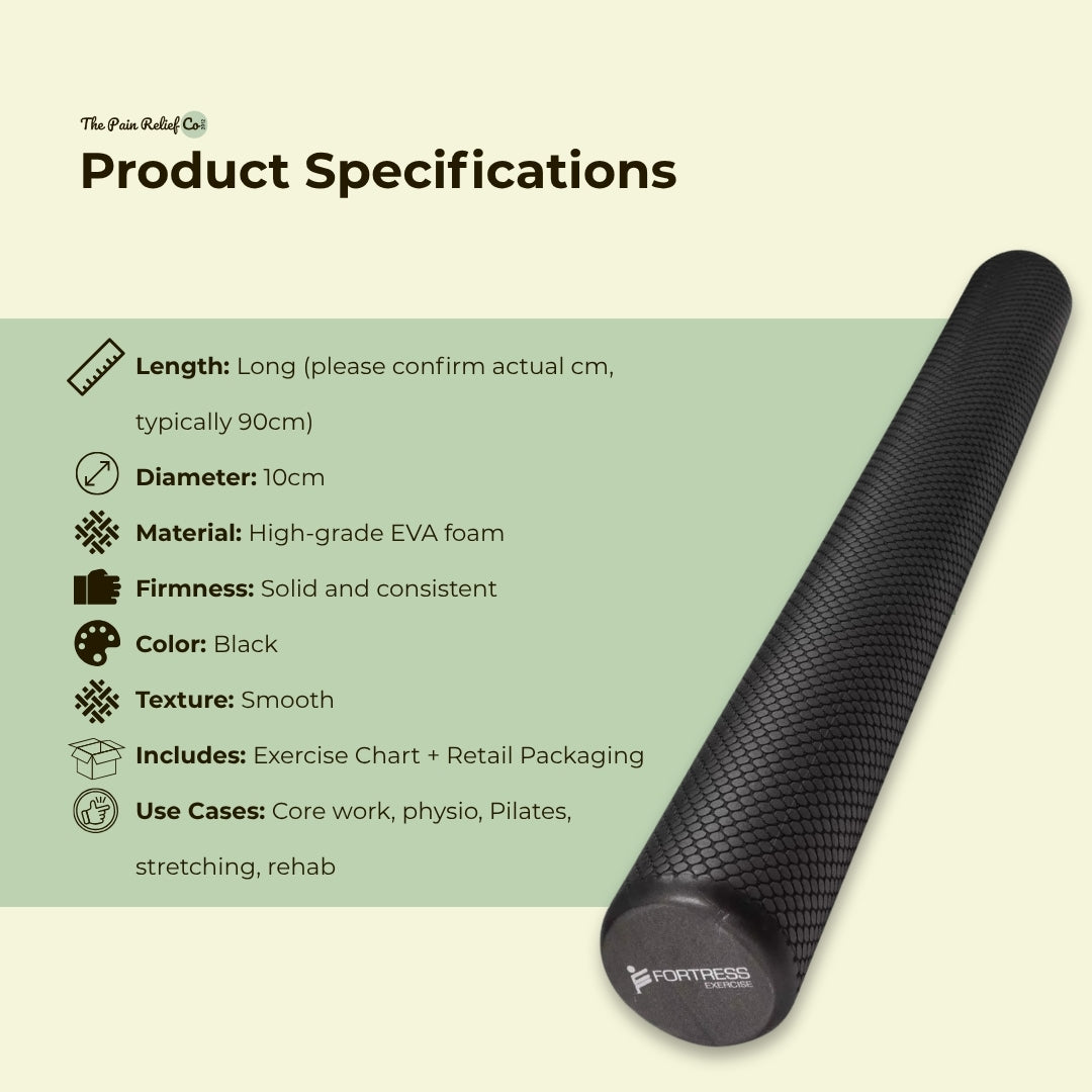 Fortress Long Foam Roller – 10cm Diameter (Black) | Slim Profile for Rehab, Core Stability & Posture Training